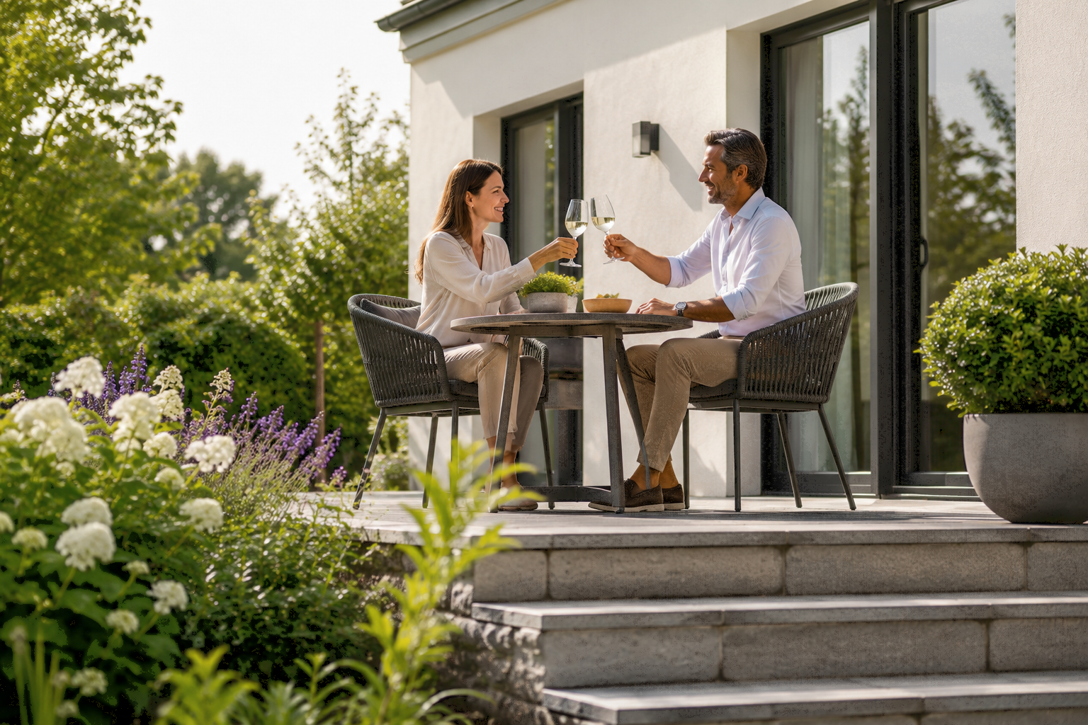 Hausbesitzer sitzen auf ihrer Terrasse